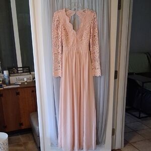 New Pinkblush Pink Long Sleeve Gown with Plunge Neckline